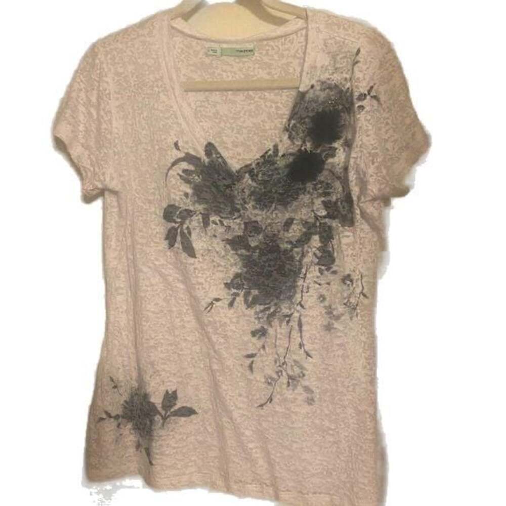 BLACK FLORAL PRINT WHITE TUNIC W/BLACK ORGANZA FLOWERS WITCHY GOTH STYLE SIZE L